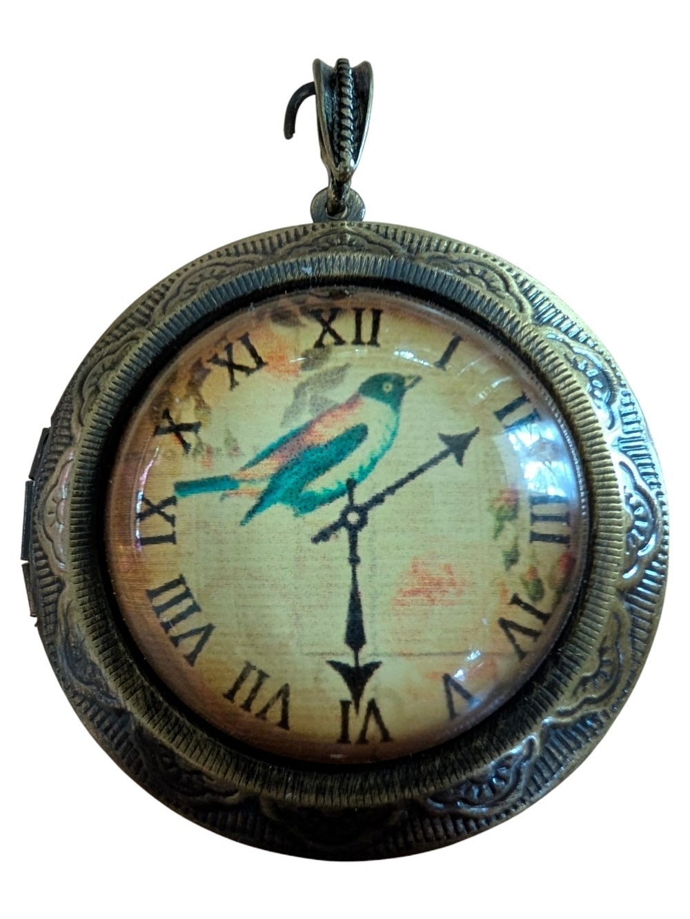 Vintage Style Bird Clock Locket Pendant